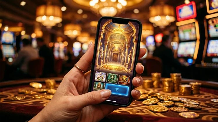 Hand holding an iPhone with a Cazeus-style casino lobby on screen against warm blurred casino lights