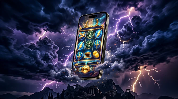 Smartphone floating in a stormy Olympus sky showing a colourful mythology-themed mobile casino game