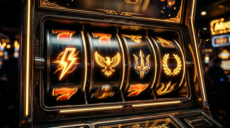 Close-up of slot reels with glowing Greek mythology symbols including lightning, eagle, trident and laurel