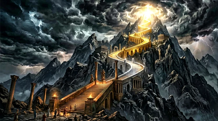 Four-tier golden staircase ascending Mount Olympus with bronze, silver, gold and radiant divine light at the summit