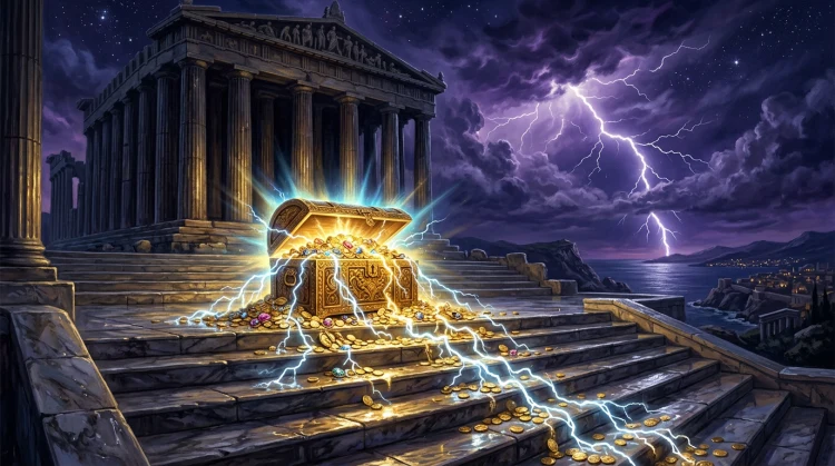 Golden treasure chest overflowing with coins and lightning on marble temple steps under a purple night sky