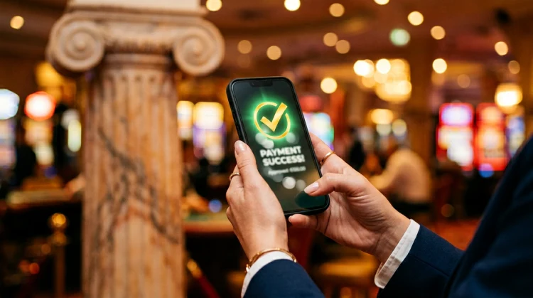 Person using a smartphone with a successful payment confirmation screen and Greek column in the background