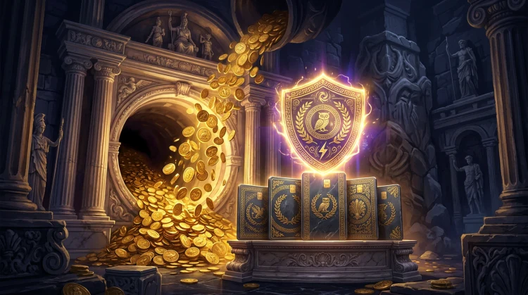 Stylised Greek mythology payment scene with gold coins, marble vault and glowing digital shield