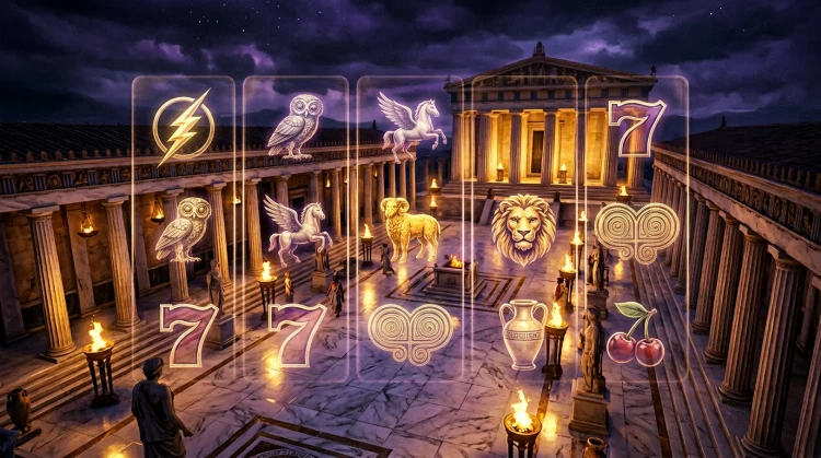 Ancient Greek temple courtyard at night with torchlight on marble and subtle slot reel overlays blending mythology with casino gaming