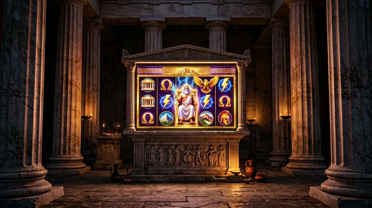 Glowing slot machine in a Greek temple with Zeus, lightning, eagles and Olympus symbols on the reels in gold and purple light