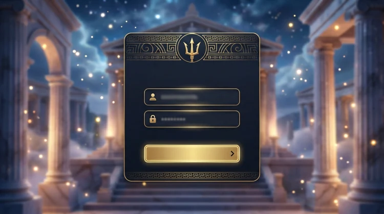 Stylised Cazeus casino login screen with navy background, gold accents and blurred Greek temple columns