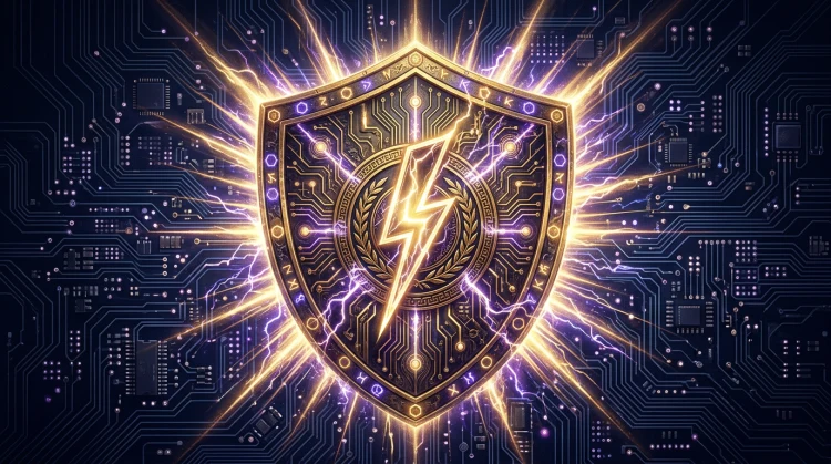Golden shield with Zeus lightning bolt over a dark circuit-board background symbolising casino security and trust
