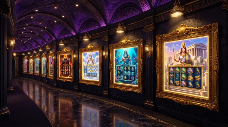 Gallery of framed glowing mythology slot game scenes displayed like treasures in a dark Greek temple