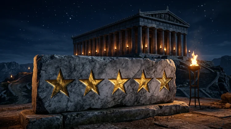 Five gold stars carved in marble in ancient Greek style against a dark Olympus temple backdrop