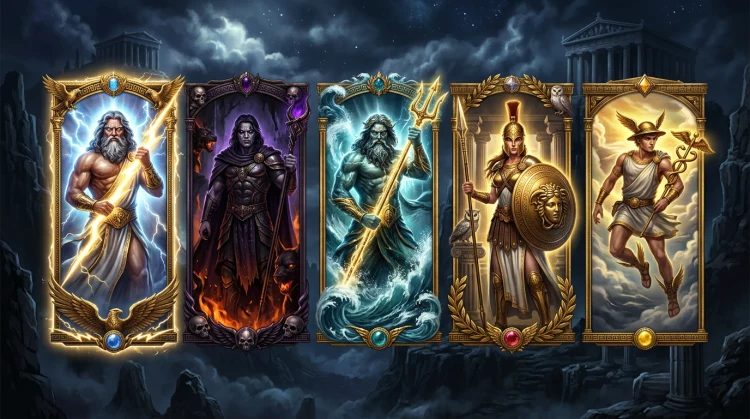Five Greek gods styled as ornate slot symbols in a row with gold borders and divine glows