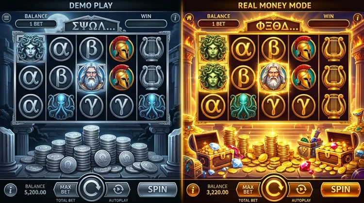 Split-screen illustration comparing demo free-play mode in cool silver tones with real-money play in vibrant gold