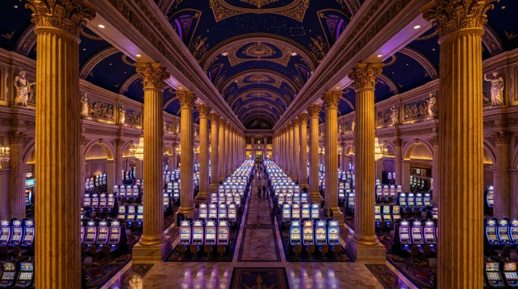 Epic Greek temple casino lobby with rows of glowing slot machines between golden marble columns